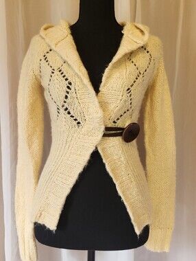 Free People Cream Knit Hooded Cardigan Sweater Wool Blend Big Button XS